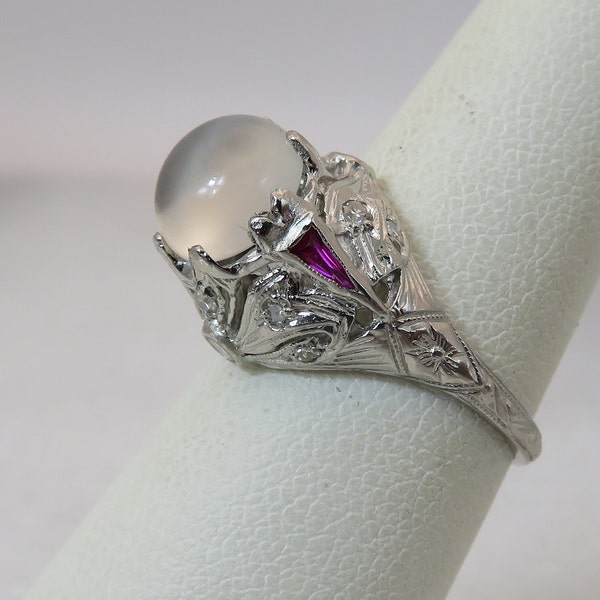 Art Deco Platinum Moonstone Diamond Ruby Engagement. sz 6.5.