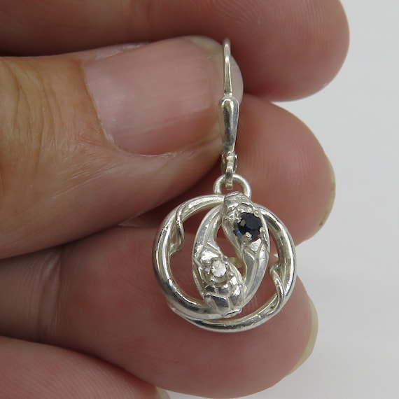 Estate Sterling Silver Diamond Sapphire Snake Dangle Earrings.
