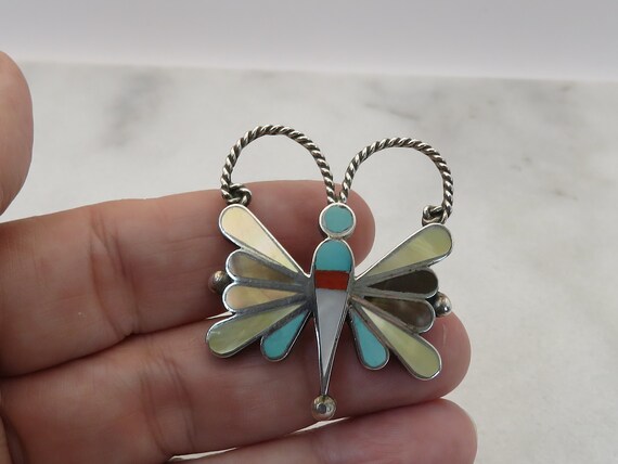 Vintage Navajo Butterfly Brooch Pendant Sterling … - image 2