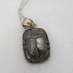 Egyptian Revival Sterling Silver Golden Pyrite Scarab Beetle Pendant Necklace.