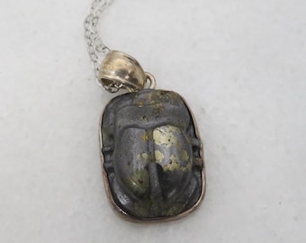 Egyptian Revival Sterling Silver Golden Pyrite Scarab Beetle Pendant Necklace.