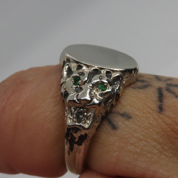 Vintage Sterling Silver Lion Ring Diamond Ruby Em… - image 3