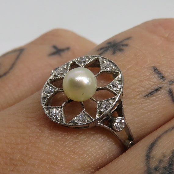 Edwardian Platinum Pearl Diamond Ring sz 6. - image 3