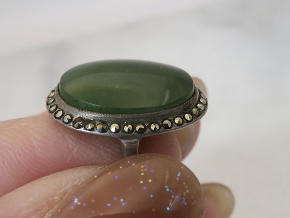 Art Deco Sterling Green Quartz Marcasite Ring sz … - image 5