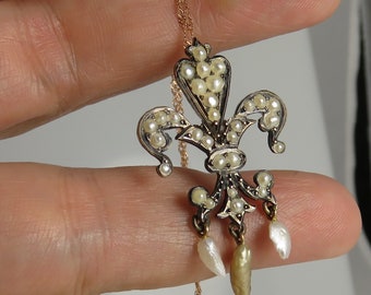Antique Pearl 10k Rose Gold French Fleur lis Pendant Necklace.