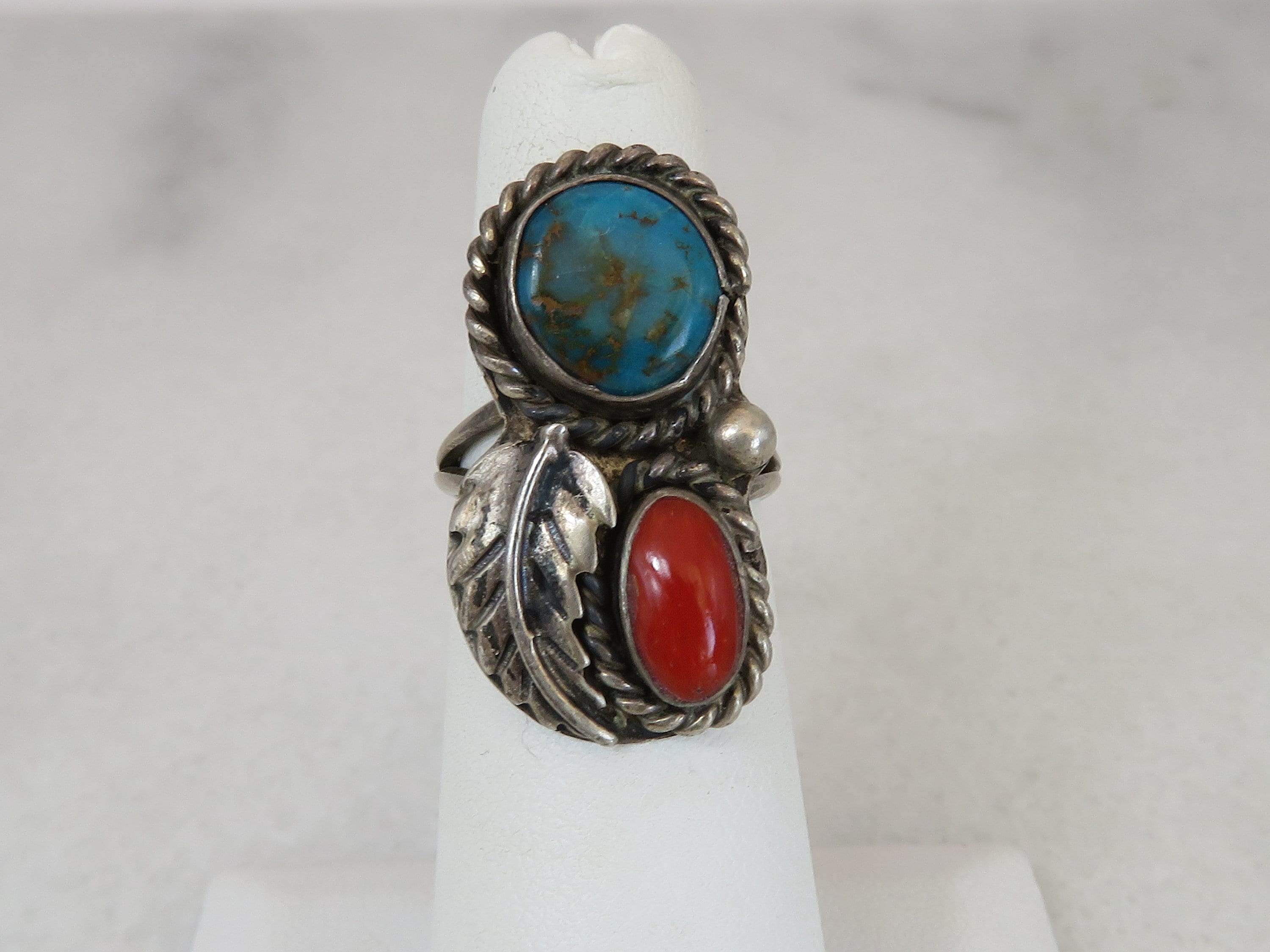Vintage Navajo Sterling Silver Turquoise Coral Ring Sz 5. - Etsy