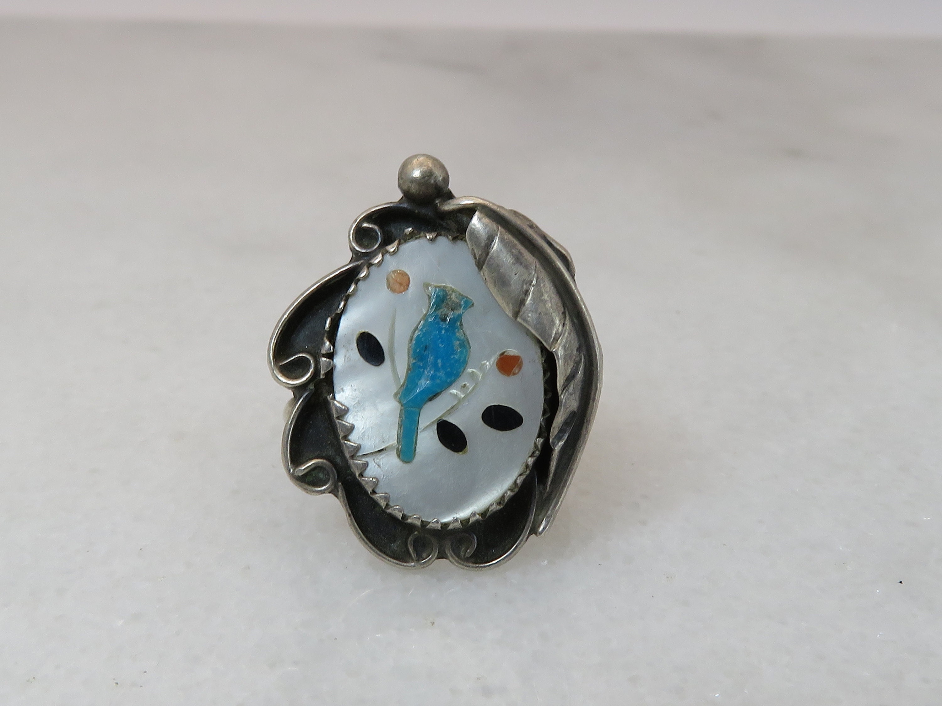 Ornate Vintage Native American Zuni Inlay Turquoise Blue Jay Sterling Silver Sizable Bracelet Ornate Vintage Native American Zuni Inlay Turquoise Blue Jay Sterling Silver Sizable Bracelet