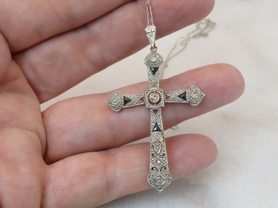 Art Deco 18k/14k Diamond Sapphire Cross Pendant N… - image 3