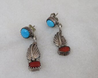 Vintage Navajo Running Bear Turquoise Coral Earrings.