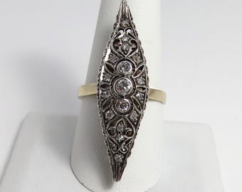 Antique 14k Navette Diamond Ring size 10. 1 3/4 inch.