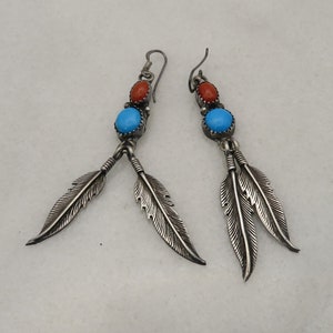 Vintage Navajo Sterling Turquoise Coral Dangle Earrings. Artist S.N