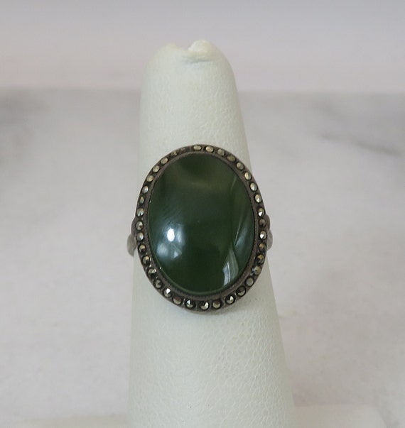 Art Deco Sterling Green Quartz Marcasite Ring sz … - image 1