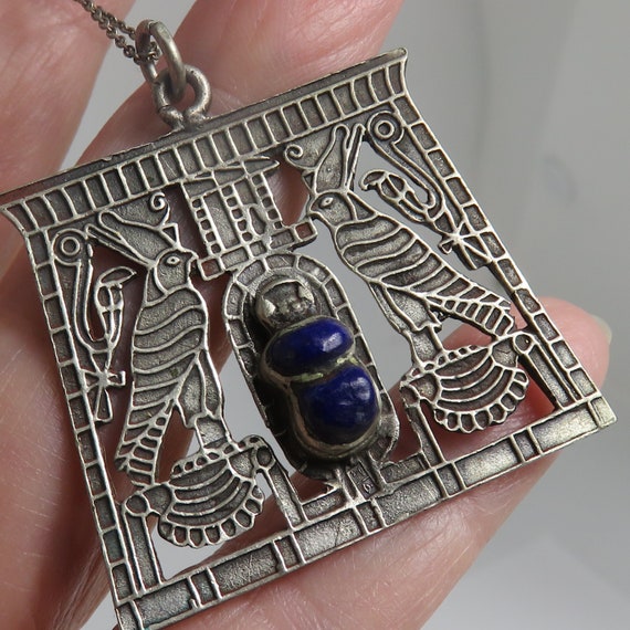 Egyptian Revival Lapis Scarab Pendant Necklace. S… - image 8