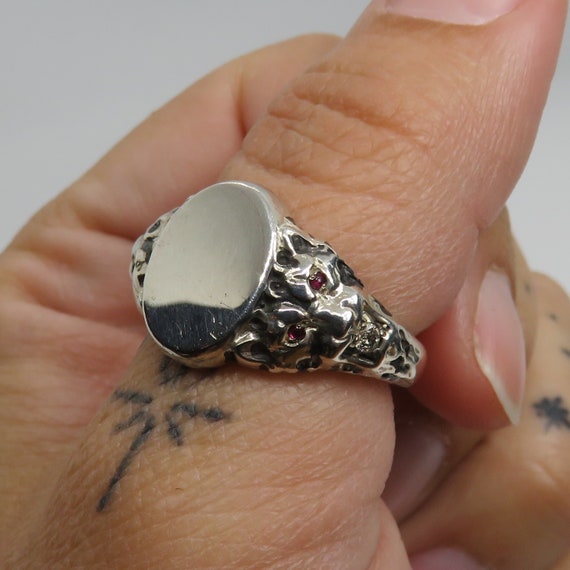 Vintage Sterling Silver Lion Ring Diamond Ruby Em… - image 2