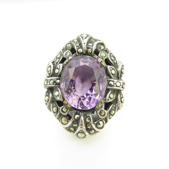 Vintage Sterling Silver Amethyst Marcasite Ring s… - image 1