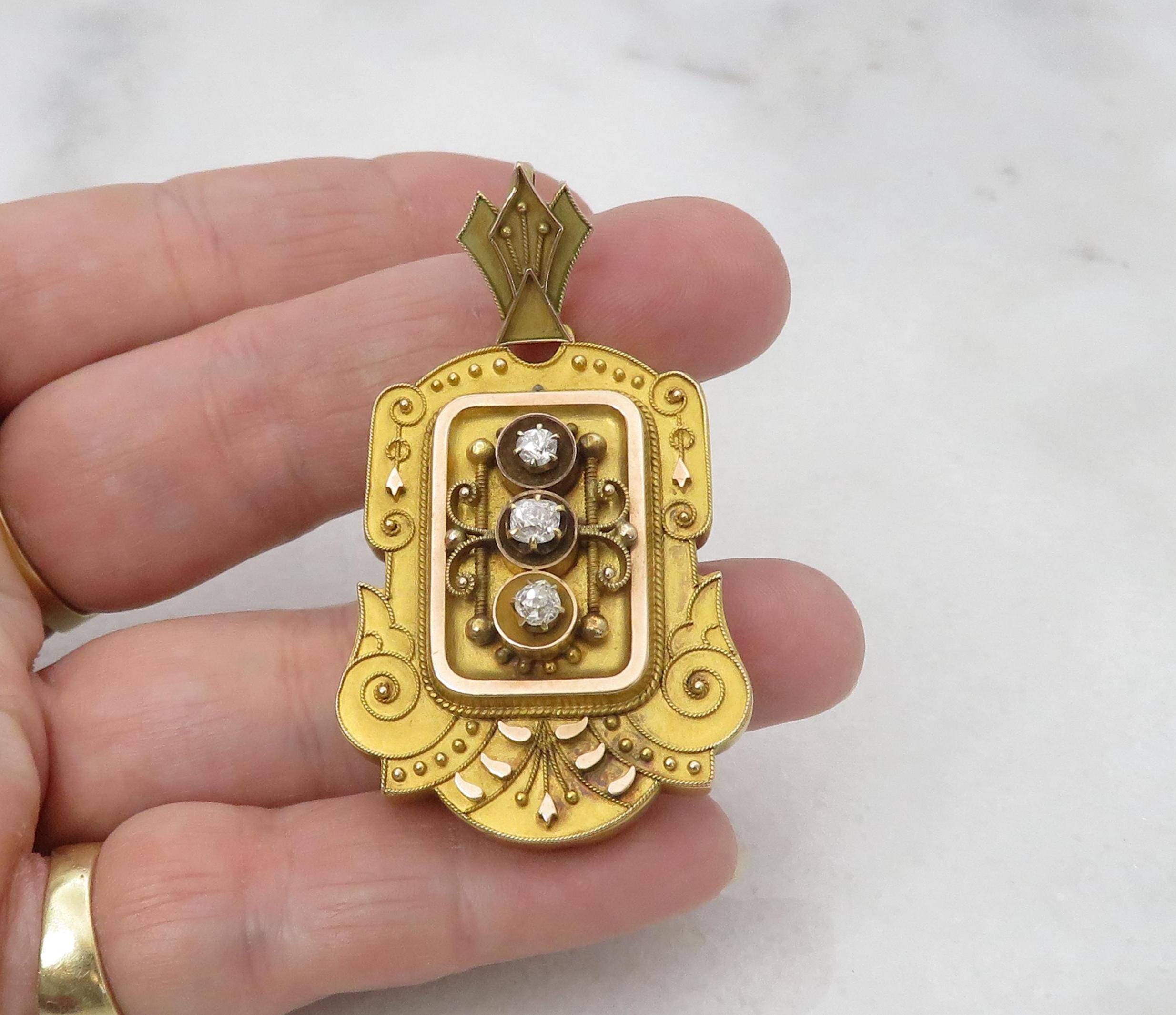 14K アンティーク ダイヤモンド フォト ロケット ペンダント。16