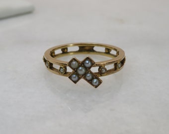 Antique 18k French Mourning Ring Pearl Cross Band. size 6.25