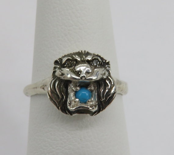 Vintage Sterling Silver Turquoise Diamond Lion Fa… - image 1