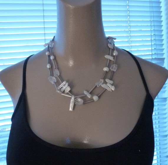 Vintage Sterling Silver Pearl Rock Crystal Neckla… - image 1