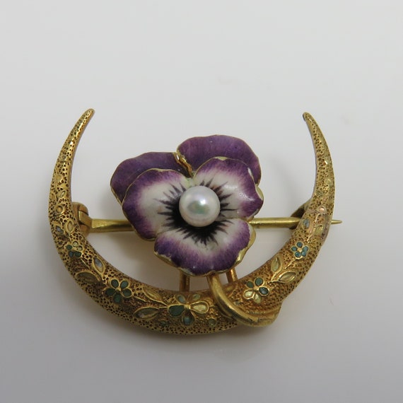 14k Art Nouveau Enamel Crescent Moon Pearl Pansy B