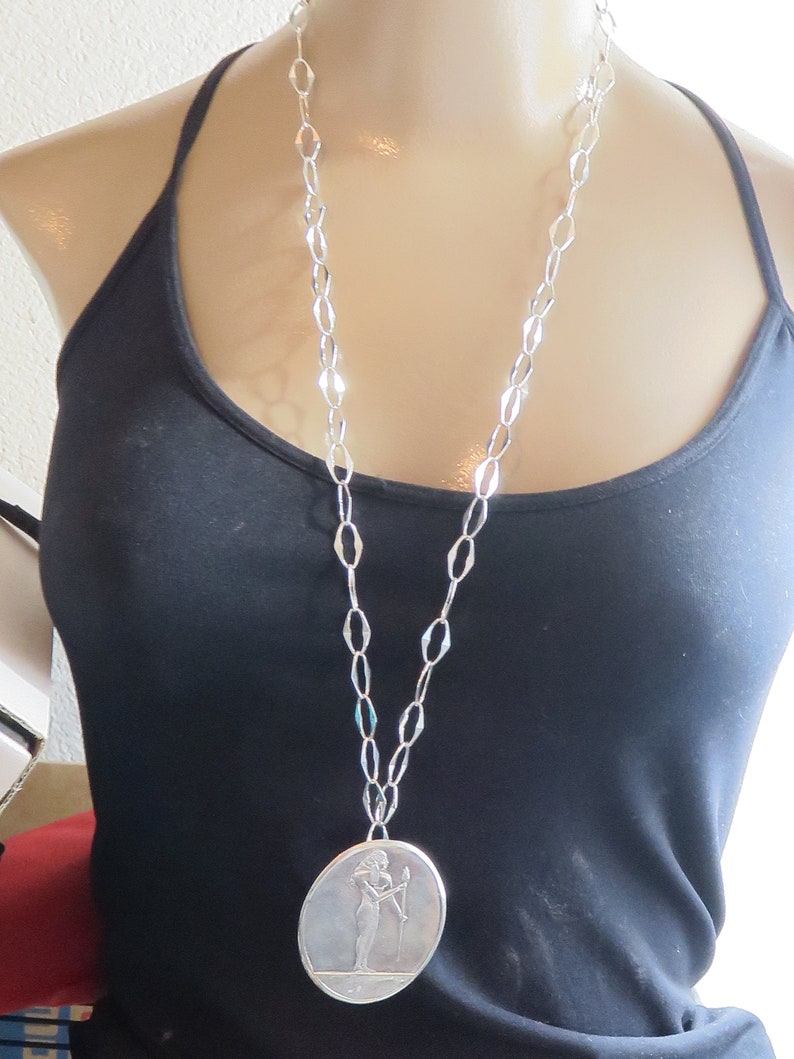 Vintage Sterling Silver Egyptian Pharaoh Large Long Necklace.