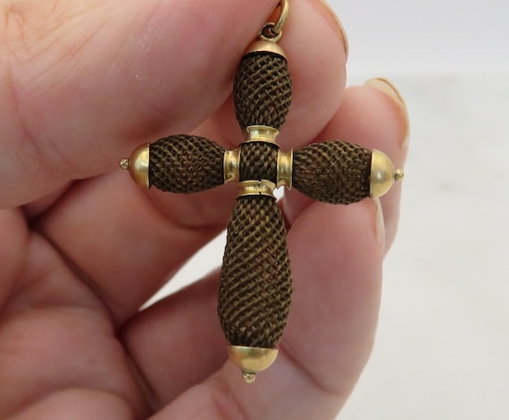 Victorian 14k Woven Hair Mourning Cross Pendant. - image 1