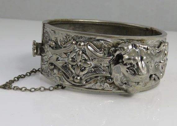 Antique Vintage  Silver Tone Lion Face Bangle Bra… - image 1