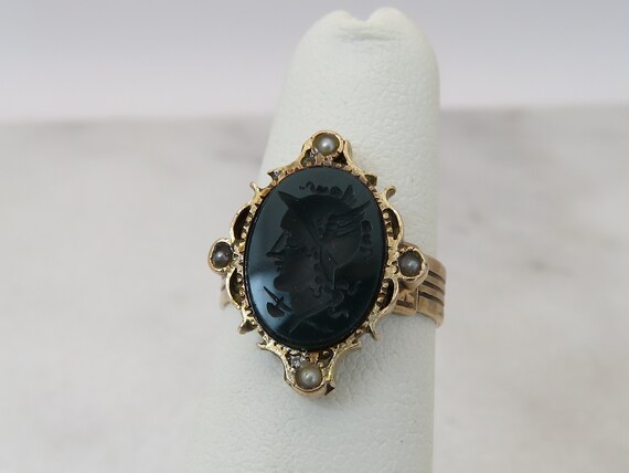 Victorian Intaglio 14k Blood Stone Pearl Ring. si… - image 4