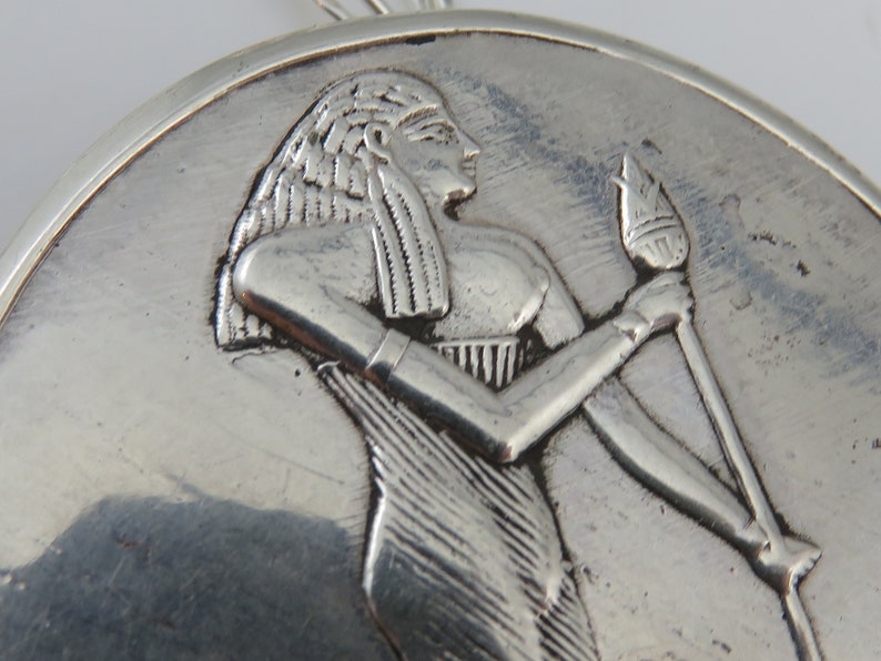 Vintage Sterling Silver Egyptian Pharaoh Large Long Necklace.