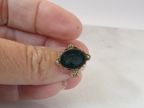 Victorian Intaglio 14k Blood Stone Pearl Ring. si… - image 5
