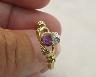 Vintage 14k Irish Claddagh Heart Amethyst Diamond Engagement Ring. sz 8.25.