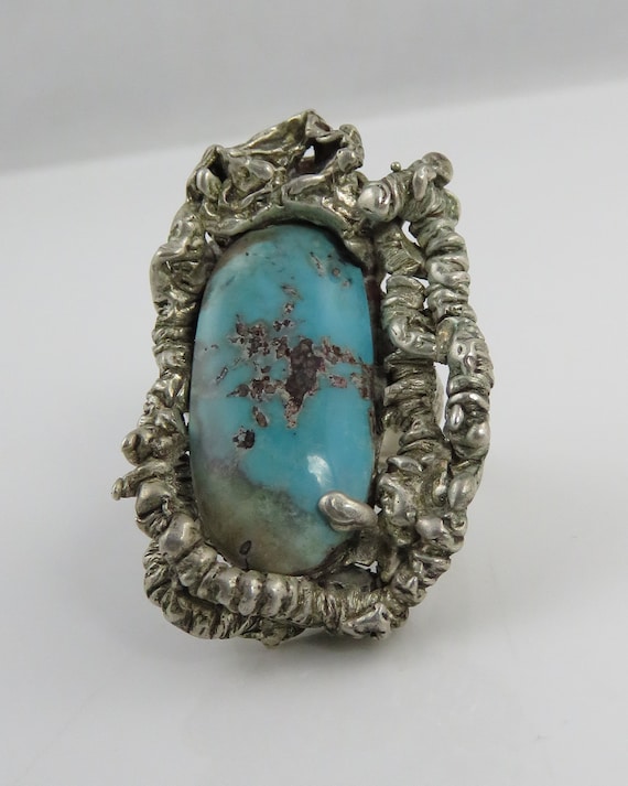 Vintage Huge Brutalist Modernist Sterling Turquoi… - image 2