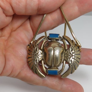 Vintage 20&#39;s Egyptian Revival Scarab Sterling Silver Pendant Necklace. Old Egyptian Hallmarks. gold over silver