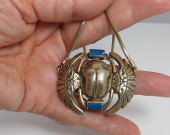 Vintage 1920s Egyptian Revival Scarab Pendant Necklace, Sterling Silver