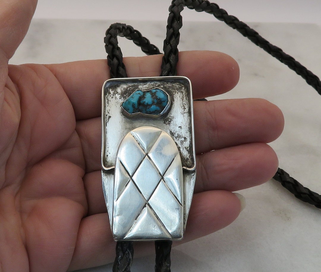 Vintage Sterling Silver Navajo Bolo Tie Turquoise Stone Necklace Thomas ...