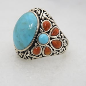 Vintage Sterling Silver Turquoise Coral Ring sz 6.75.