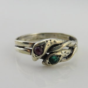 Antique Vintage Silver Emerald Ruby Double Snake Band Ring. SZ 6.75.