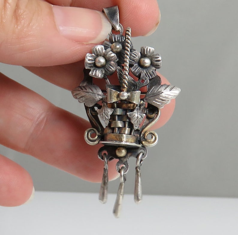 Victorian Sterling Silver Bird Basket Brooch Pendant.