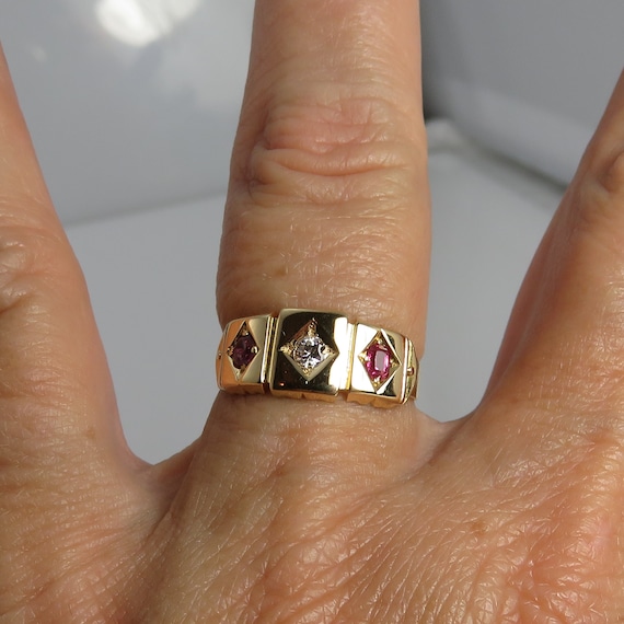Antique 18k Yellow Gold Diamond Ruby Gypsy Band R… - image 3