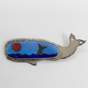 Estate Cloisonne Enamel Whale Sterling Silver Brooch. Signed.