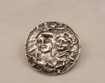 Antique Sterling Art Nouveau Repousse Gibson Girls Brooch Pin.
