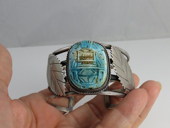 Vintage Sterling Silver Scarab Beetle Cuff Bracel… - image 2