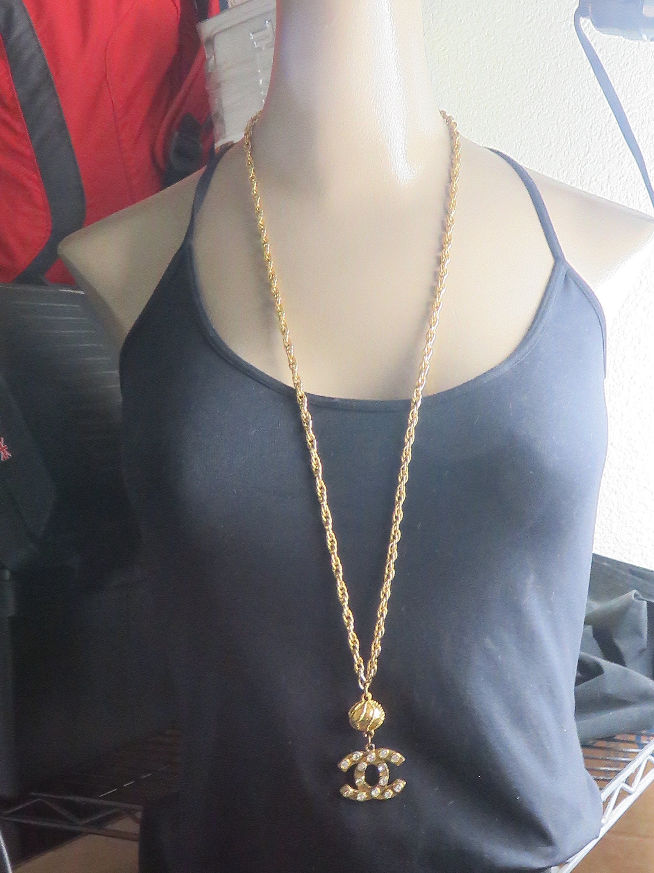 Vintage Chanel Long Necklace 70's Crystal CC Logo 32 Inchs Vintage Chanel Long Necklace 70's Crystal CC Logo 32 Inchs