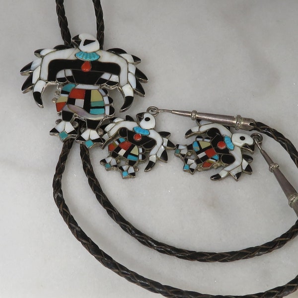 Vintage Sterling Silver Zuni Bolo by Charles & Mary Poncho Inlay Dancing Eagle