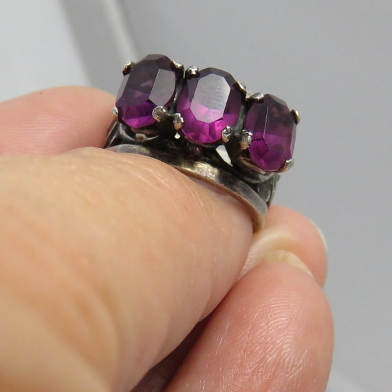 Estate Sterling Silver Amethyst Glass Band Ring B… - image 3