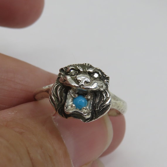 Vintage Sterling Silver Turquoise Diamond Lion Fa… - image 2