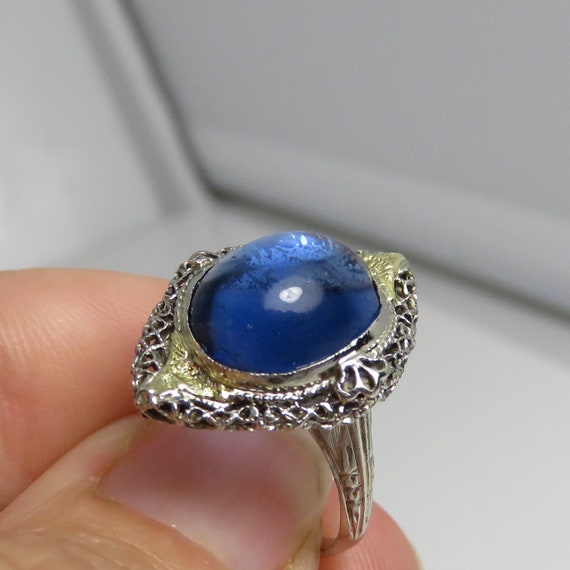 Art Deco 14k Filigree Sapphire Glass Ring Ring sz… - image 2