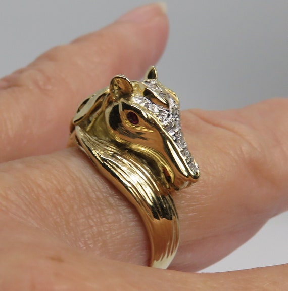 Vintage 14k Horse Head Diamond Ruby Ring. sz 6.5