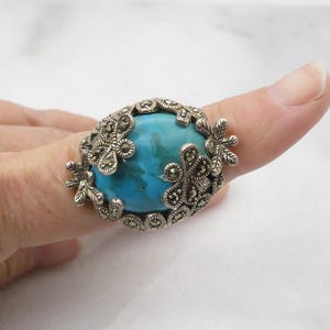 Vintage Big Sterling Silver Turquoise Marcasite Ring sz 7.5.