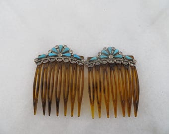 Old Pawn Fred Harvey Sterling Zuni Turquoise Hair Comb Set.